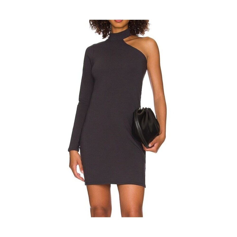 Chaser Long Sleeve 1 Shoulder Mock Neck Dress Slit Phantom Dark Gray Size Small - Picture 5 of 5